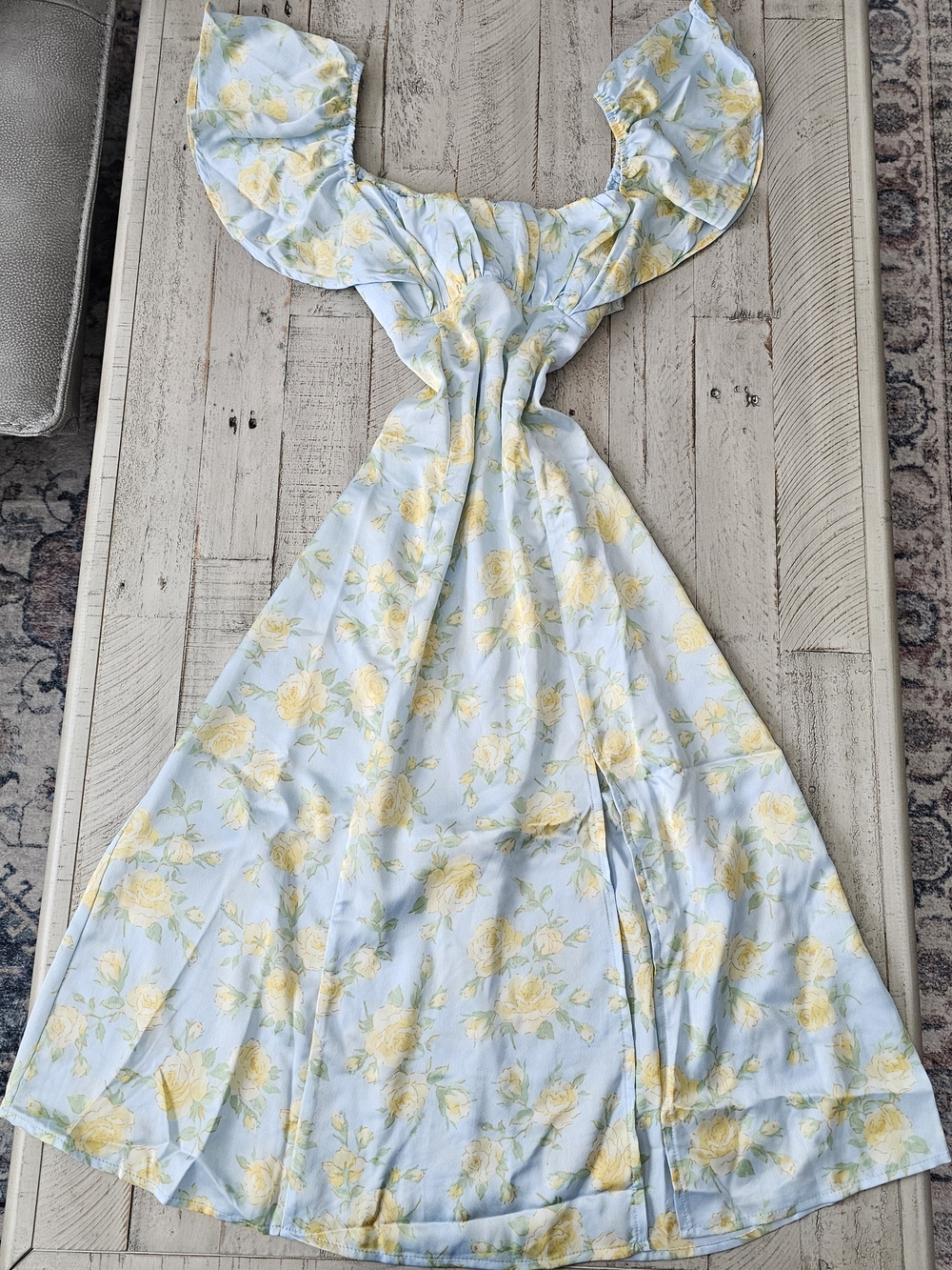 NWT Altar'd State Light Blue & Yellow Floral Ruffle-Shoulder Maxi Dress